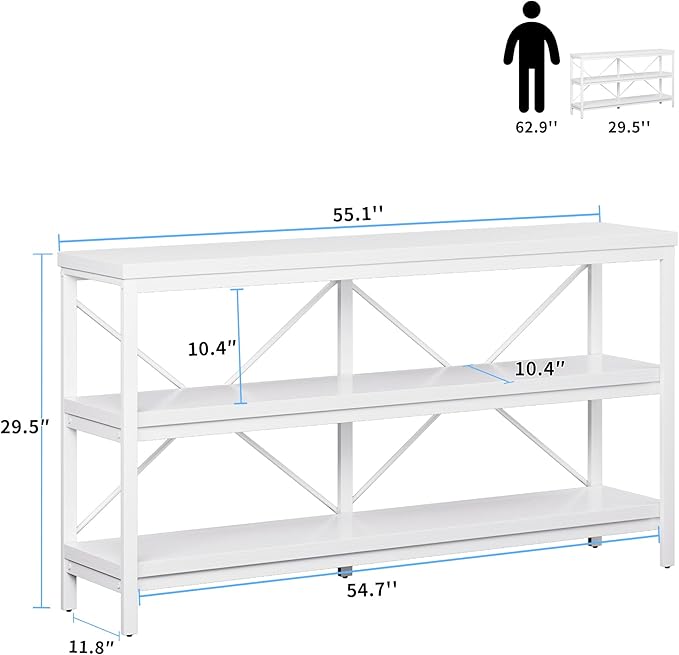 karlott 3-Tier Console Table, 55.1" Entryway Table with Metal Frame and Open Shelves, Modern Behind Couch Sofa Table for Living Room, Hallway, Foyer, Entrance, Industrial, Bookshelf, White
