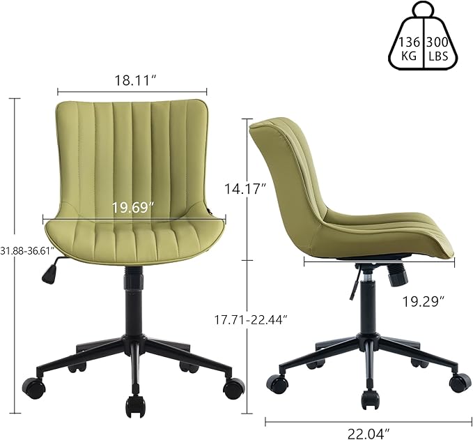 YOUNIKE Ergonomic Home Office Desk Chair with Wheels Comfy Armless Criss Cross Chair with Back Adjustable Modern Leather Upholstered Swivel Vanity Chair Small Cute Rolling Task Chair Avocado Green