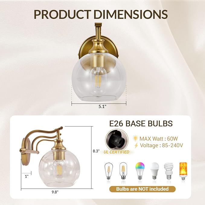 ANDY STAR Brushed Gold Bathroom Light Fixtures, Brass Vanity Lights for Mirror, 1-Light Bathroom Wall Sconces Lighting with Globe Clear Shade Up or Down Wall Mounted for Kitchen, Living Room, Hallway