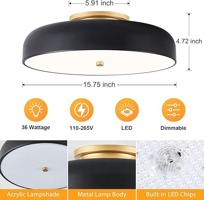 Dimmable LED Ceiling Light Fixture, 2700K-6000K 5CCT Modern Mid-Century Semi Flush Mount Ceiling Light, Black Close to Ceiling Lamp for Bedroom, Living Room, Kitchen, Laundry Room, 15.7in