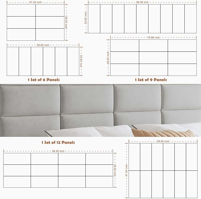IFNOW Wall Mounted Upholstered Headboard Full, 3D Peel and Stick Soundproof Panels, Reusable and Removable Padded Leather Bed Headboard, 6 Panels 9.84" x 23.62", Light Grey