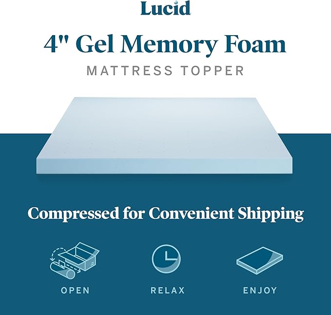 LUCID 4 Inch Gel Memory Foam Mattress Topper-Ventilated Design-Ultra Plush-Queen
