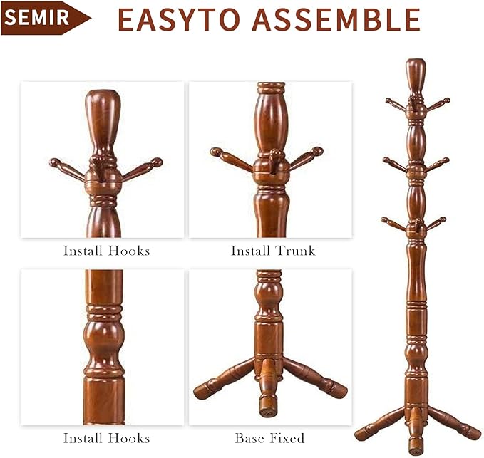 Wood Coat Rack Hall Tree, Stable Triangle Base Coat Tree with 3 Height Options and 9 Hooks, Vintage Coat Rack Freestanding for Hall Entryway, Bedroom and Home Office (Walnut)