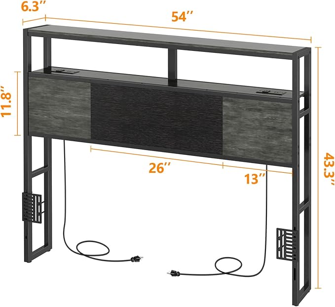 Headboard Full Size, Headboards with Charging Station, USB Port and LED Light, Head Board with 2-Tier Storage Shelf, Adjustable Height, Easy Assembly, Sturdy and Stable, Black