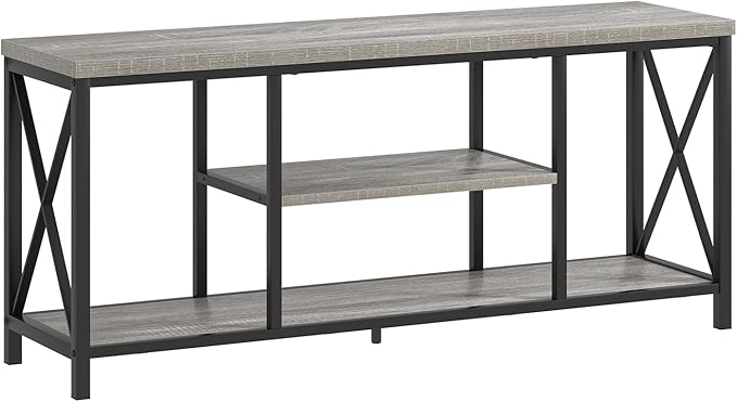 FOLUBAN Modern TV Stand for TV up to 65 Inch, Rustic Wood Entertainment Center with Storage Shelves, Industrial Media TV Console for Living Room, Farmhouse TV Table for Bedroom, 55 Inch Light Grey