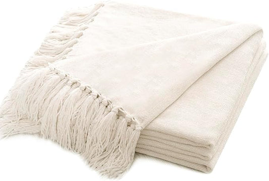 RECYCO Throw Blanket Soft Cozy Chenille Throw Blanket with Fringe Tassel for Couch Sofa Chair Bed Living Room Gift (Ivory White, 50" x 60")