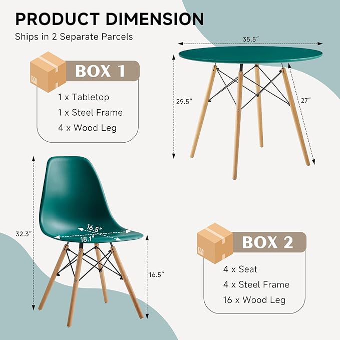 35.5'' 5 Piece Round Dining Table Set for 4, Mid-Century Modern Table with Chairs, Space Saving, Plastic Seats, Wood Legs, Circle Dinner Table for Kitchen, Home, Apartment, Green