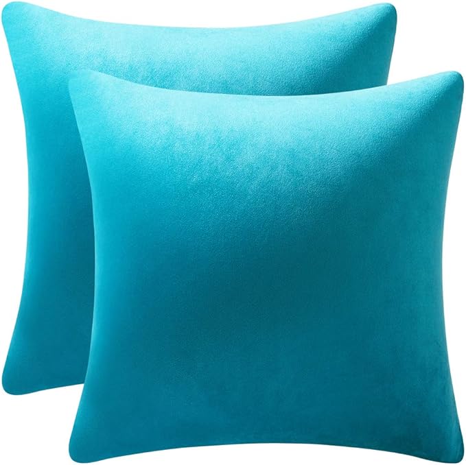 DEZENE Throw Pillow Cases 22x22 Turquoise: 2 Pack Cozy Soft Velvet Square Decorative Pillow Covers for Farmhouse Home Decor