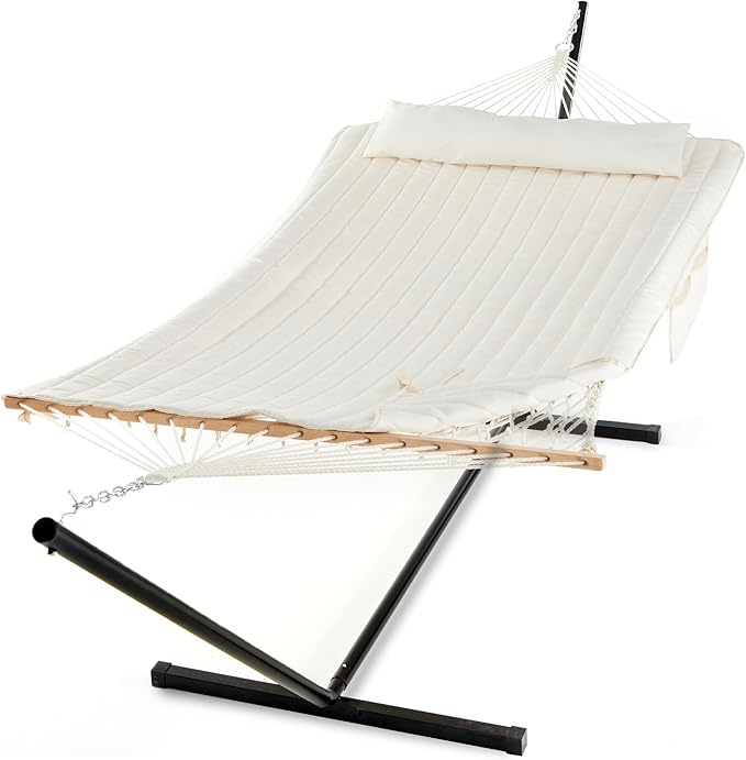 PNAEUT Double Hammock with Stand for Outside, Rope Hammocks with Polyester Pad 2 Person, 12ft Heavy Duty Stand, Extra Pillow, Storage Sidebag, Max 475 lbs Capacity (Pearl White)