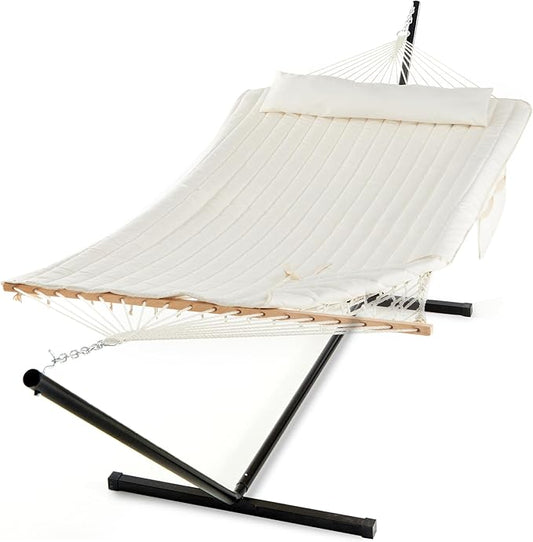 PNAEUT Double Hammock with Stand for Outside, Rope Hammocks with Polyester Pad 2 Person, 12ft Heavy Duty Stand, Extra Pillow, Storage Sidebag, Max 475 lbs Capacity (Pearl White)