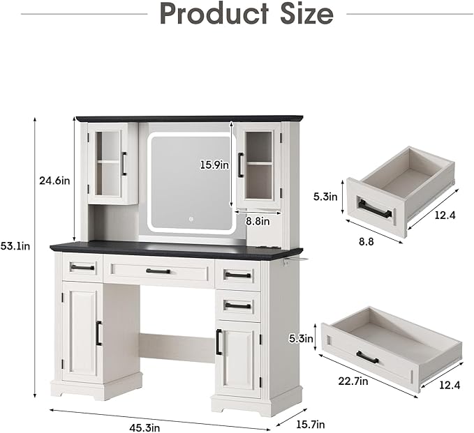 Maupvit Farmhouse Vanity Desk with Mirror and Lights, Makeup Vanity Table with Charging Station, 45" Bedroom Table with 4 Drawers and Cabinets, 3 Lighting Modes, White