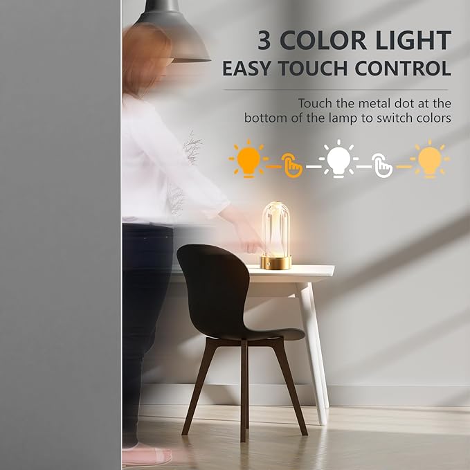 USB Rechargeable LED Table Lamp, 3 Color Changing Modes Bedside Lamp, Portable Touch Button Mood Light for Bedroom, Camping
