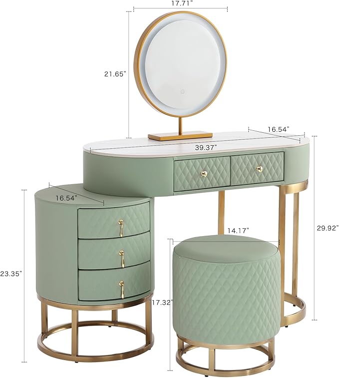 Faux Leather Makeup Vanity Desk Set with LED Lighted Mirror Luxury Dressing Makeup Table with Storage Drawers & Vanity Stool, Green