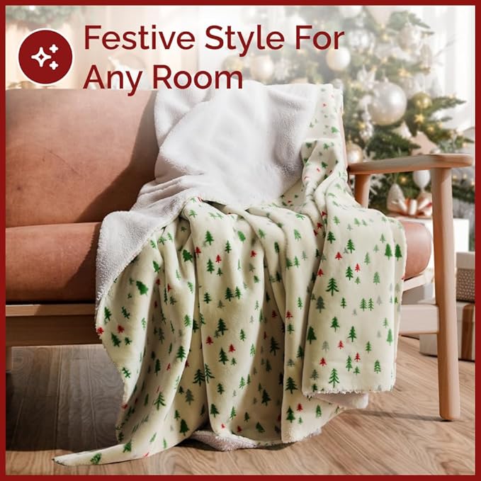 Christmas Sherpa Blanket Throw Size - Reversible Sherpa Fleece Blanket - Super Soft Double Sided Throw for Bed, Sofa, Couch - Thick, Warm, Cozy & Plush - Xmas Winter Bedding - Christmas Trees, 50x60