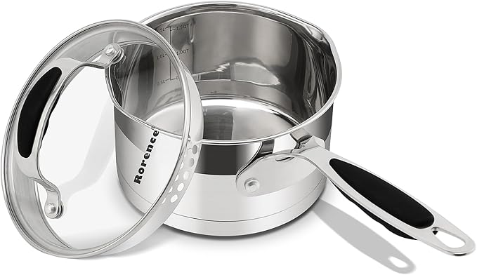 Rorence 1.5 QT Stainless Steel Saucepan, Sauce Pan with Silicone Coated Handles and Pout Spouts, Induction Small Cooking Pot with Clear Transparent Tempered Glass Lid for All Stoves, Dishwasher Safe