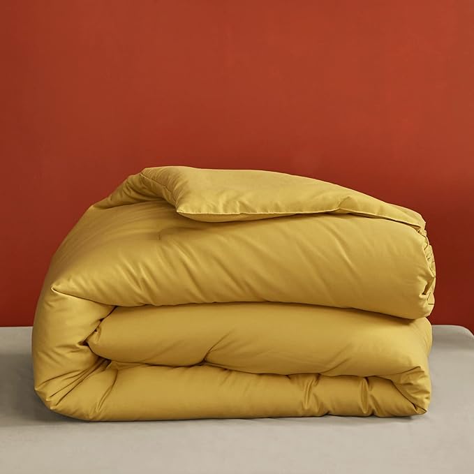 Luxlovery Mustard Yellow Comforter Set King Bright Yellow Bedding Set Soft Breathable Blanket Quilts with 1 Green+1 Caramel Pillowcase Women Men