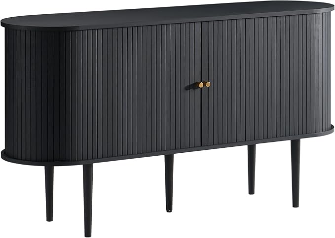 AMERLIFE 55" TV Stand with Solid Wood Legs, Mid Century Modern TV Console with Tambour Door for 80-inch TV, Dust-Proof Storage Cabinet for Living Room, Embossed Black