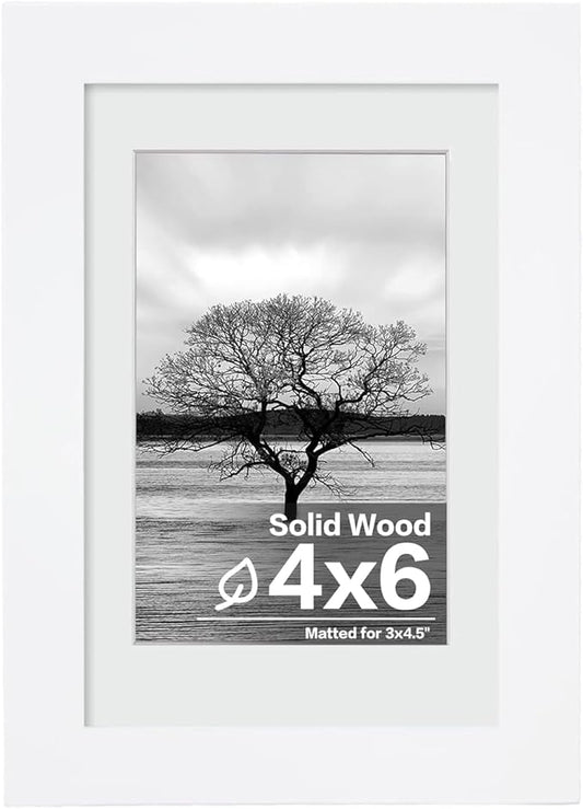 Egofine 4x6 Picture Frame Made of Solid Wood with Plexiglass, Display Pictures 3.5x5 with Mat or 4x6 Without Mat for Tabletop and Wall Mounting, White
