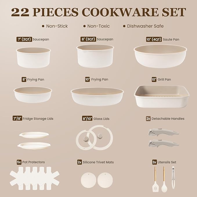 KIKCOIN Ceramic Cookware Set, 22 Pcs Nonstick Pots and Pans Set with Detachable Handles, Non Toxic Kitchen Cooking Set with Removable Handles, Induction/Dishwasher/Oven Safe, Ollas de Cocina