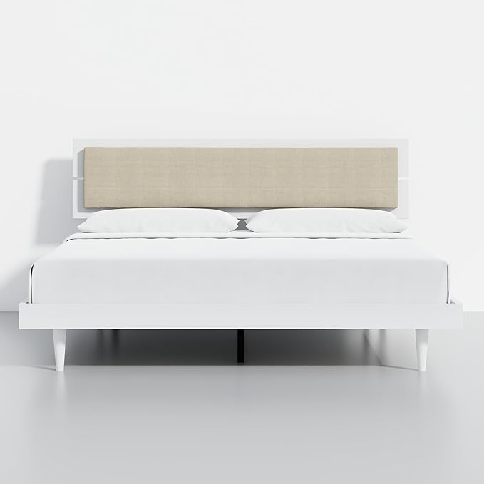 Modern Solid Wood Platform Bed with Adjustable Headboard with Cushion – No Box Spring Needed,Fast Assembly – King Size in White