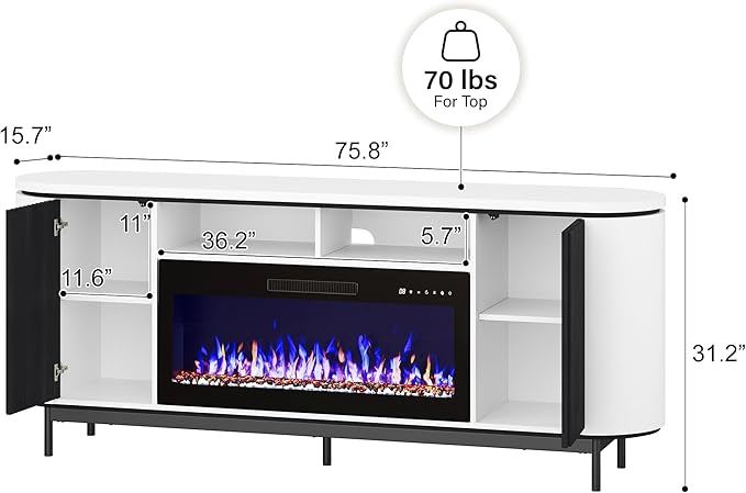 BELLEZE 76" Curved Profile TV Stand with 36" Electric Fireplace, Large Entertainment Center with Storage for TVs up to 80", Modern Media Console Fluted TV Cabinet for Living Room, White