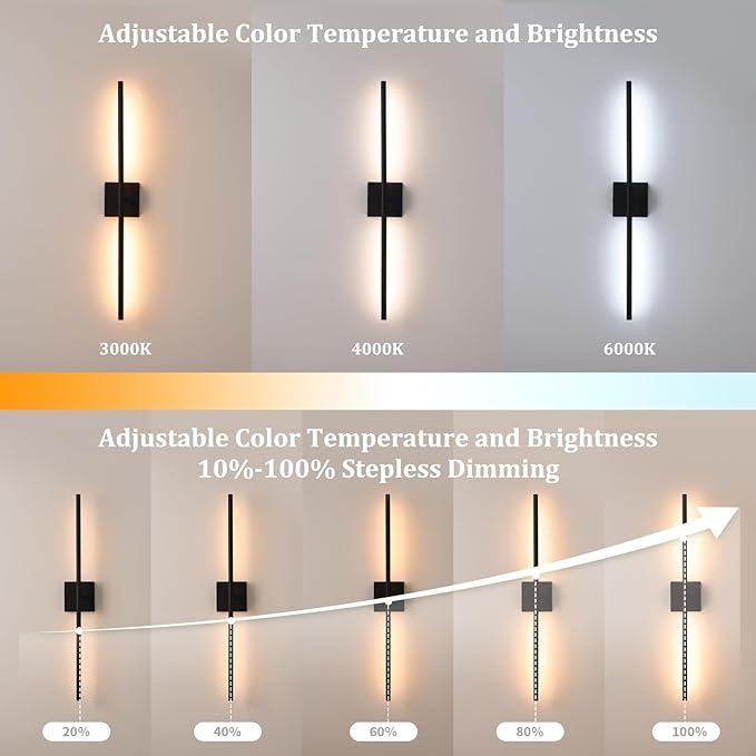 Battery Operated Wall Sconce Set of 2, 10400mAh Rechargeable Wall Lights, 3000K-6000K Dimmable, 350°Rotate, Indoor Wall Sconces with Remote for Bedroom Living Room Bathroom, Black, 31.5 Inch