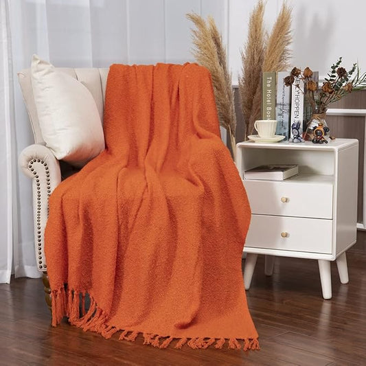 Gealaek Decorative Fluffy Faux Cashmere Throw Blanket Bright Orange Fringe Lightweight Fuzzy Soft Cozy Throws for Sofa Bed Farmhouse Throw Blanket 50" x 60"