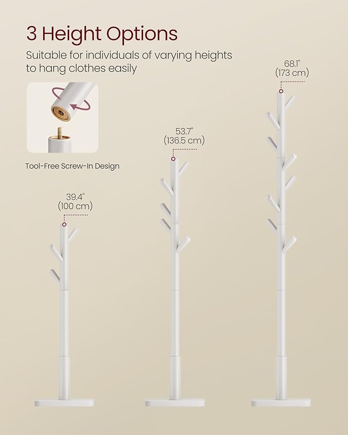 VASAGLE Solid Wood Coat Rack, Free Standing Hall Coat Tree with 8 Hooks, 3 Height Options, for Coats, Hats, Bags, Purses, for Entryway, Hallway, Rubberwood Hooks and Pole, Cloud White URCR010W02