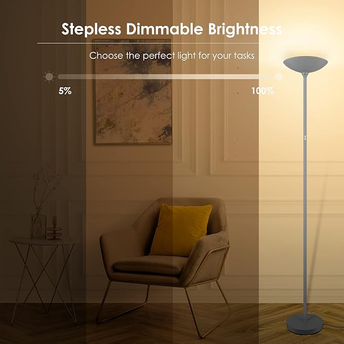 Floor Lamp, Standing Lamp, 20W 2000LM LED Torchiere Floor Lamp, Stepless Dimmable, Touch Control, 3000K Daylight, 50000hrs Lifespan, Floor Lamps for Living Room, Standing Lamps for Bedroom Gray