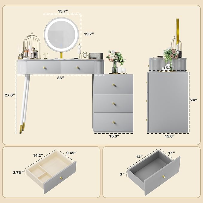 WinZo 36" Vanity Desk with Mirror and 3 Light Modes, Dressing Table Set with 5 Sliding Drawers, Makeup Desk with Charging Station, Modern Vanity for Small Spaces & Bedroom, Gray