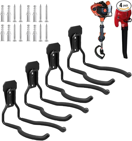 Garden Power Tool Hanger, Garage Wall Hooks, Weedeater Rack, String Trimmer Hanger, Utility Hooks for Garage Tool Organizers and Storage - Black, 4 Pcs