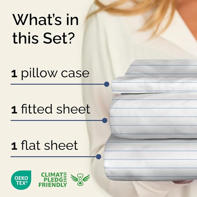 Sky Blue and White Striped Sheets - 1 Flat & 1 Fitted Sheet & 1 Pillowcase w/ Deep Pockets - Wrinkle & Fade Resistant - Ultra-Soft, Breathable & Cooling - Pinstripe Patterned Bed Set - Twin Size