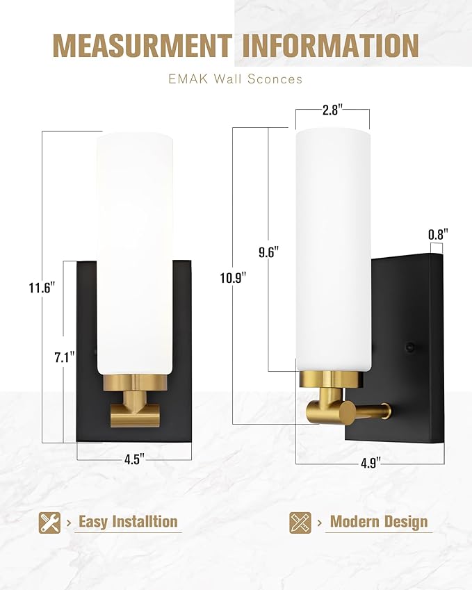 Emak Bathroom Sconces Set of 2, Black and Gold Wall Sconce with Milk Glass Shade, Modern Farmhouse Bathroom Light Fixtures for Living Room, Bedroom, Gallery, WS086-BKBGD-ML-2PK