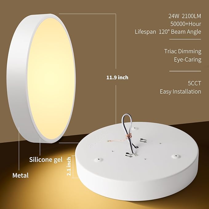 3 Pack White 24W Modern LED Flush Mount Ceiling Light, Close to Ceiling Light Fixture, 2700-5000K Dimmable, Round Ceiling Lamp for Bathroom Kitchen Entry Way Bedroom Laundry Room Hallway