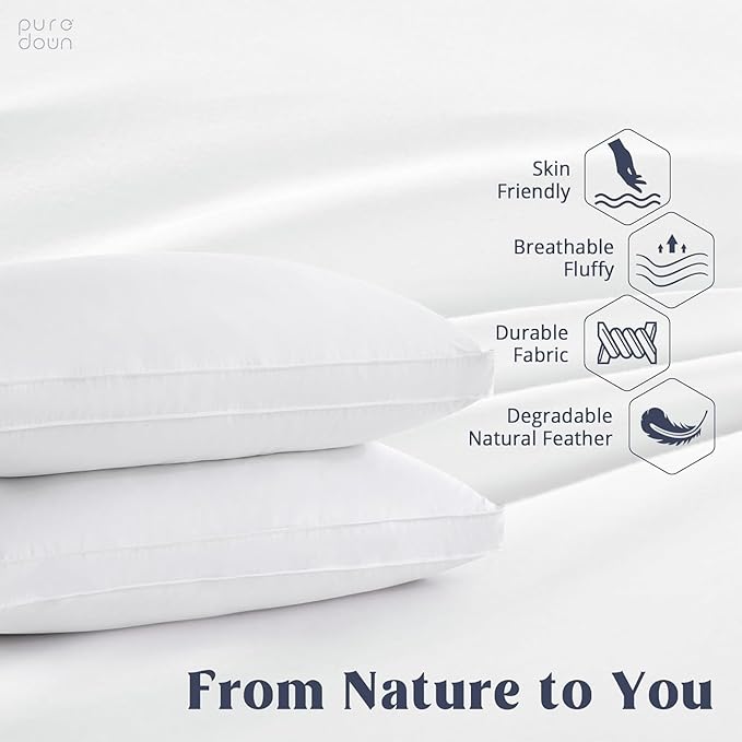 puredown® Goose Feather Down Pillows, Gusseted Bed Pillows for Sleeping 100% Cotton Cover, Set of 2 Standard Size