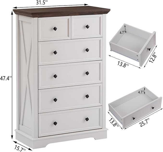Farmhouse 6 Drawers Dresser Chests for Bedroom, White 6 Chest of Drawers, Wood Dressers Organizer for Closet, Modern Storage Organizer Cabinet for Bedroom,Living Room,Hallway & Entryway