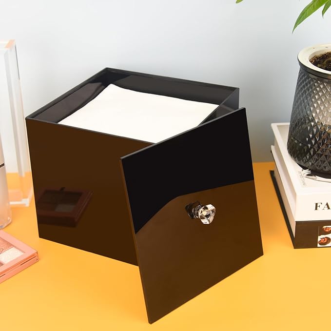 Face Towel Box, Acrylic Facial Disposable Towelettes Holder Container for XL Face Towels and Protects from Dust, Black