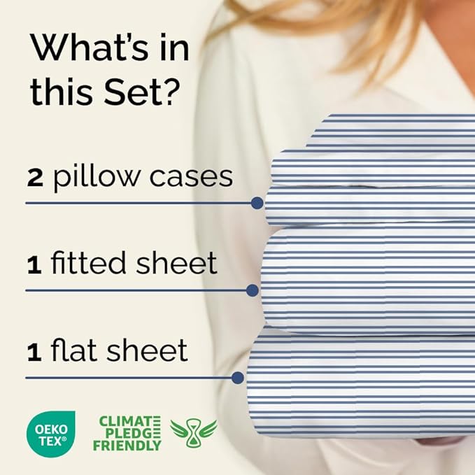 Blue and White Striped Sheets - 1 Flat & 1 Fitted Sheet & 2 Pillowcases w/ Deep Pockets - Comfy, Wrinkle & Fade Resistant - Ultra-Soft, Breathable & Cooling - Luxury Pinstripe Bedding - King Size