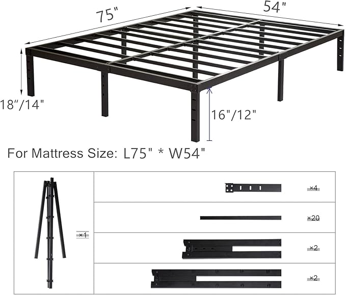 Full Size Bed Frame, Heavy Duty Metal Frames with Steel Slats Support, No Box Spring Needed, 14 Inch High Metal Platform Bed Frames with Storage, Non-Slip and Noise-Free