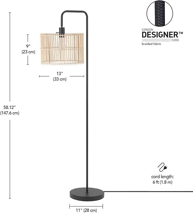 GLOBE Electric Barden 58" Floor Lamp, Matte Black, Bamboo Shade, On/Off Rotary Switch on Socket