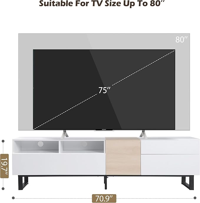 Merax Modern TV Entertainment Center with Cabinets, Drawers & Open Shelves, Wood TV Stand for TVs Up to 80” for Living Room Bedroom (White & Natural)