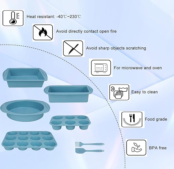 7in1 Silicone Bakeware Baking Set, Kitchen Bake Pans Molds Tray for Oven with BPA Free Round/Square Cake Pan, Loaf Pan, Muffin Pan for Bread Pizza Cheesecake Cupcake Pie Desserts