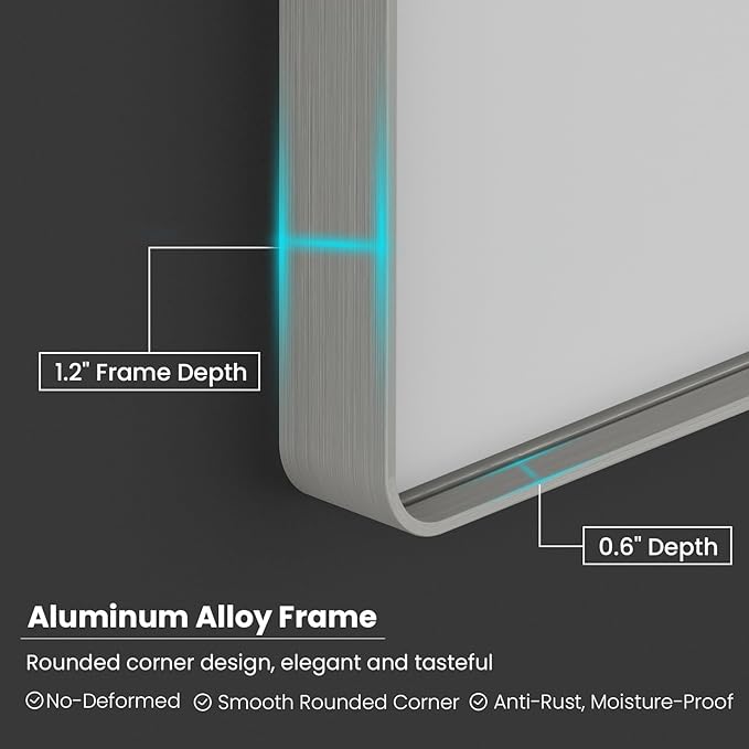 Brushed Nickel Bathroom Mirror 60x30 Inch, Brushed Silver Metal Frame Mirror Wall Mounted, Rounded Rectangle Bathroom Vanity Mirror, Tempered Glass, Anti-Rust, Horizontal/Vertical