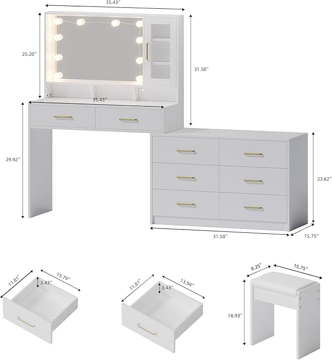 59" Makeup Desk with Drawers & Cabinet & Dresser, White Vanity Table with Drawer Dresser, Large Vanity Table with 8 Drawers, Vanity Desk with Large Mirror and 3-Color Lights for Girls, Dressing Table