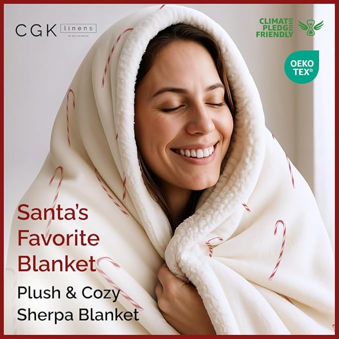 Christmas Sherpa Blanket Throw Size - Reversible Sherpa Fleece Blanket - Super Soft Double Sided Throw for Bed, Sofa, Couch - Thick, Warm, Soft & Plush - Cozy Xmas Winter Bedding - Candy Cane, 50x60