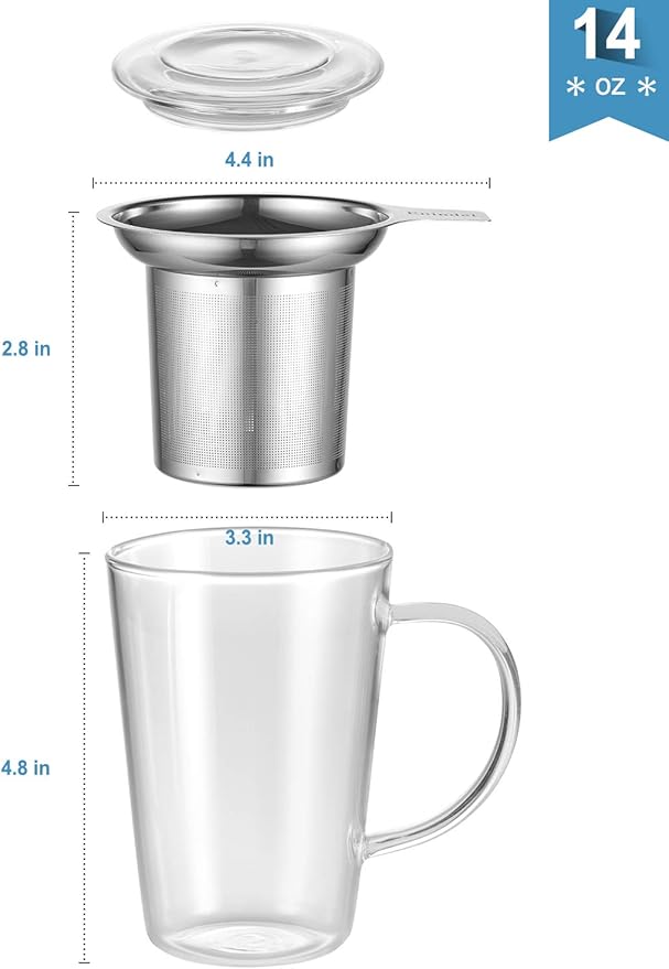 3020.01 Glass Tea Mug with Infuser and Lid, Tea Cup, Clear, 14 OZ, GM001