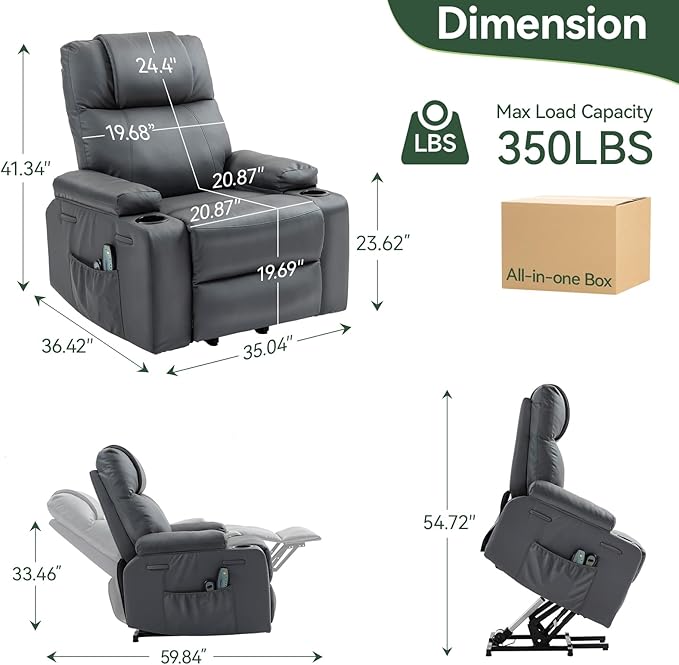 Power Lift Recliner Chair for Elderly with Heat & Massage, 160° Electric Adjustable PU Leather Recliner with Remote Control, Stand Assist, Cup Holders & Side Pockets for Living Room (Gray)