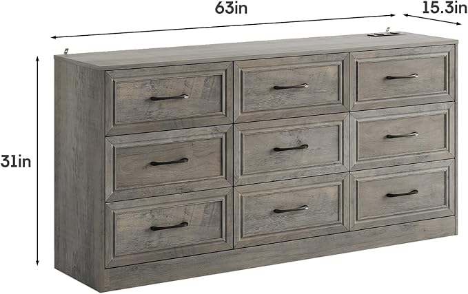 Fameill Dresser for Bedroom, 9 Drawer Wide Dresser Organizer with Charging Station, Tall Dresser for Hallway, Wood Dresser with Metal Handles, Ash Grey