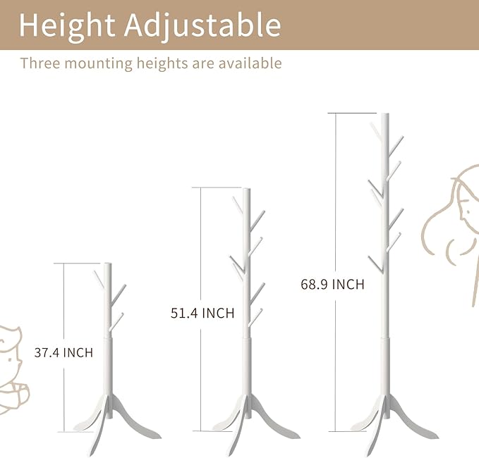 Coat Rack Freestanding, Coat Stands Entryway, Bamboo Coat Rack Hat Hanger 8 Hook for Jacket, Purse, Scarf Rack, Umbrella Tree Stand (White)