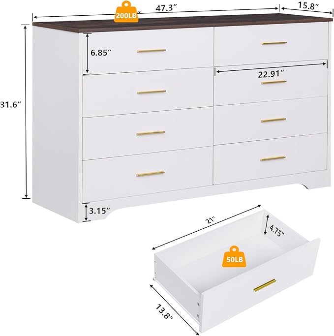 LIDYUK Dresser for Bedroom, Wood Dresser with 8 Drawers, Modern Minimalist Dressers & Chests of Drawers, 48 Inches Wide Chest of Drawers for Bedroom, Hallway, Living Room, White
